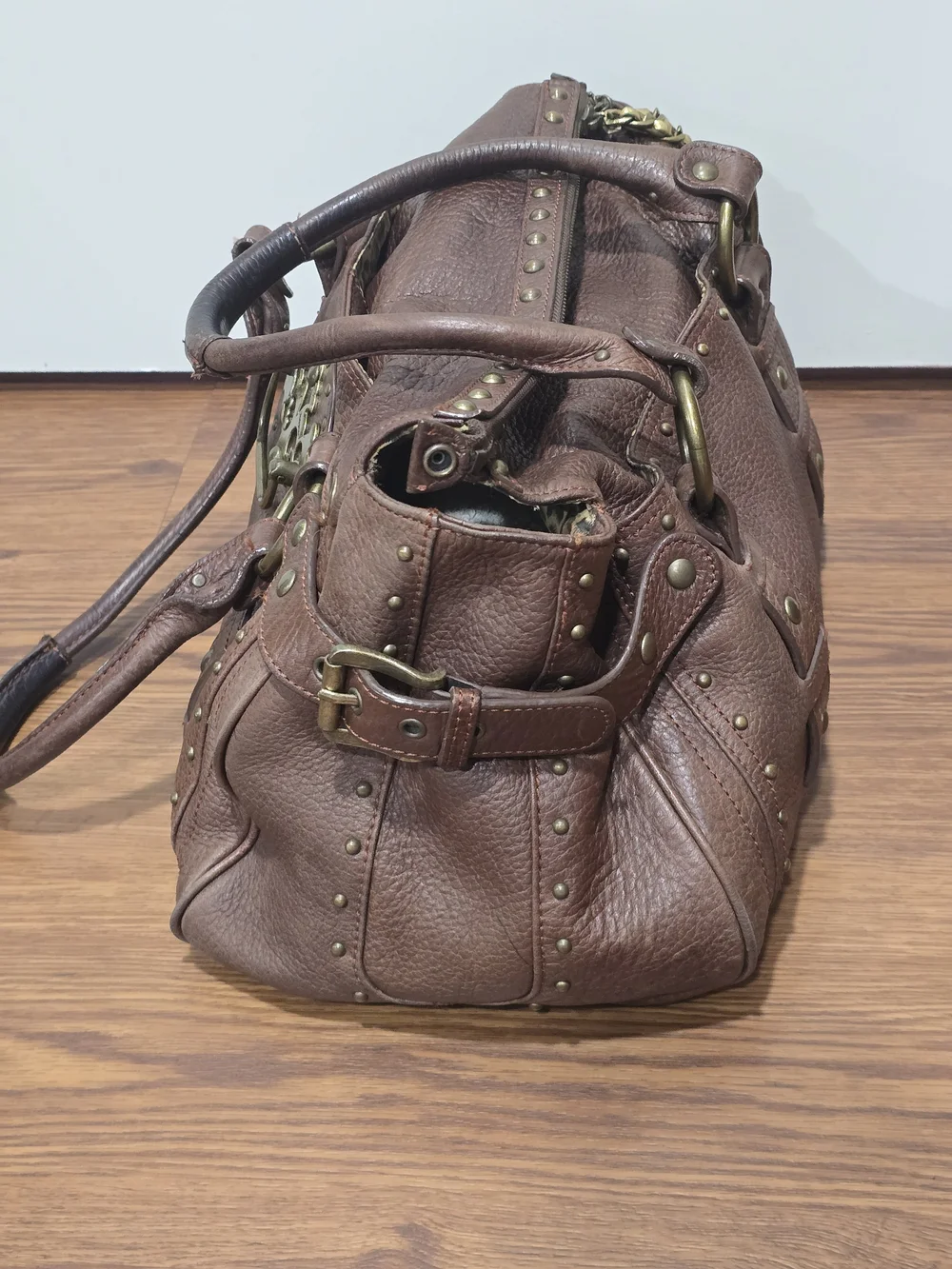 VTG Betsey Johnson Brown Leather Door Knocker Satchel Bag Y2K Rare